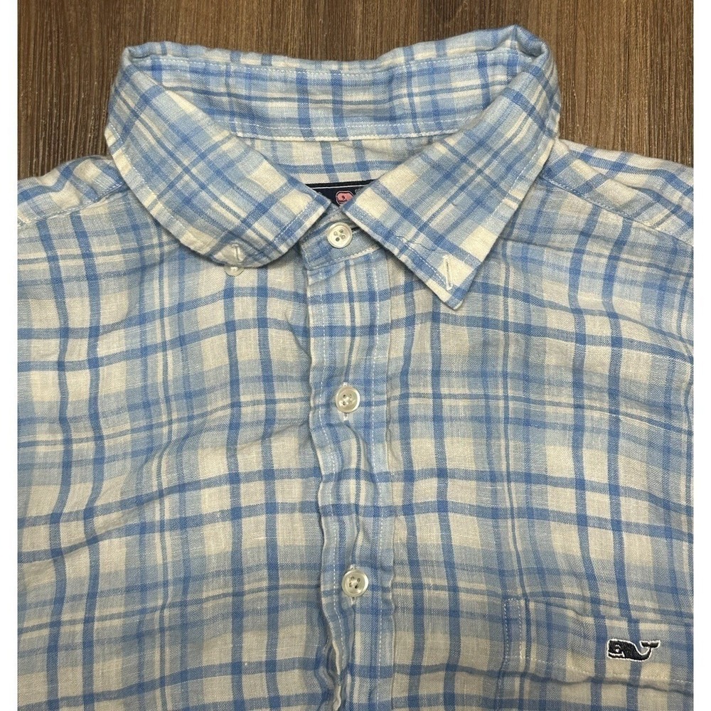 Vineyard Vines Shirt Classic Fit Tucker 100% Linen Blue Plaid Button Down Sz XL